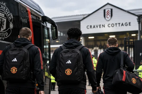 Editorial illustration of Manchester United players seen from behind arriving at Craven Cottage with the team coach before the Fulham match.