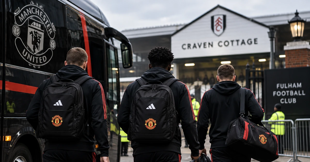 Editorial illustration of Manchester United players seen from behind arriving at Craven Cottage with the team coach before the Fulham match.