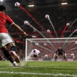 Editorial illustration representing Manchester United's high volume of Premier League shots, with a red-shirted footballer shooting towards goal and multiple ball trajectories.
