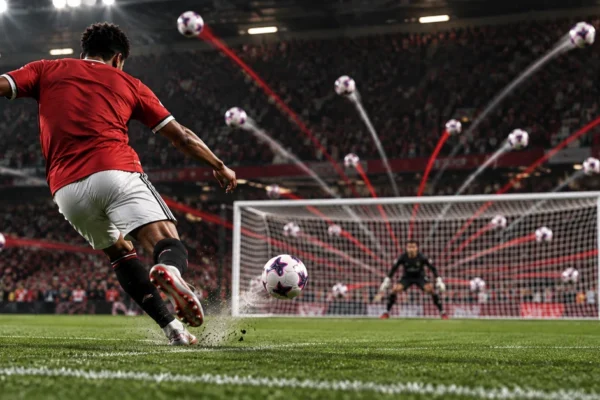 Editorial illustration representing Manchester United's high volume of Premier League shots, with a red-shirted footballer shooting towards goal and multiple ball trajectories.