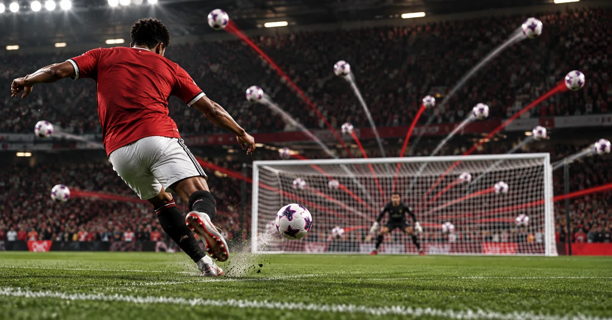 Editorial illustration representing Manchester United's high volume of Premier League shots, with a red-shirted footballer shooting towards goal and multiple ball trajectories.