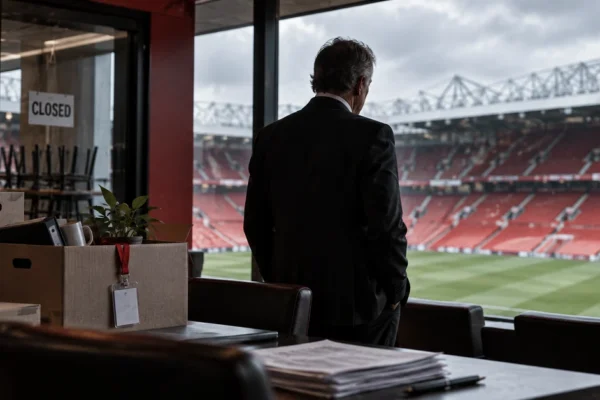 Editorial illustration of a football executive overlooking a red-seated stadium beside packed office boxes and a closed staff area, representing Manchester United's cost-cutting programme.