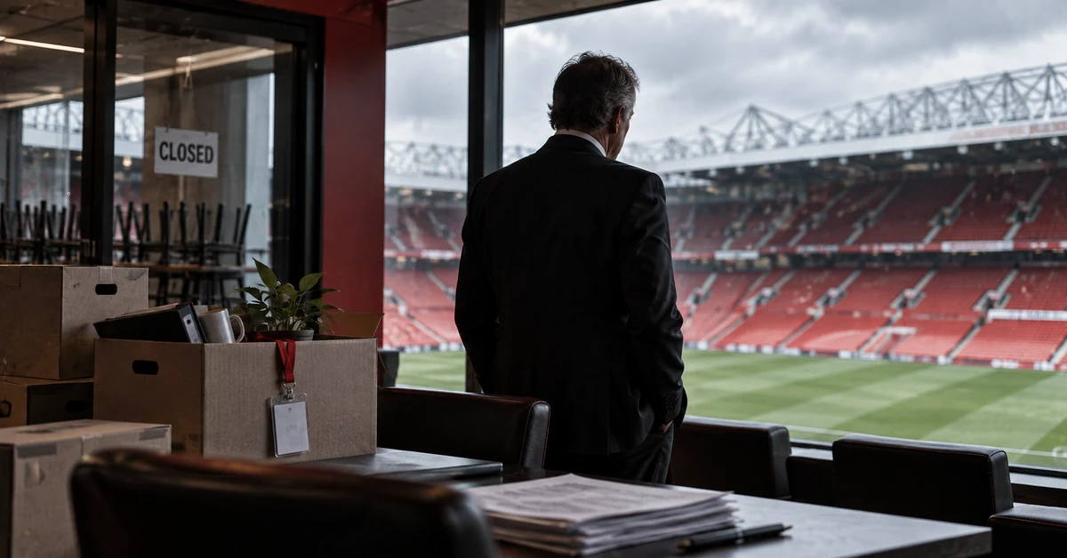 Editorial illustration of a football executive overlooking a red-seated stadium beside packed office boxes and a closed staff area, representing Manchester United's cost-cutting programme.